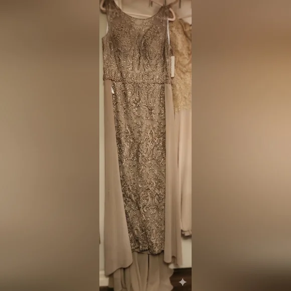 NWT Size 16 Montage By Mon Cheri Latte Lace Gown & Chiffon Detachable Overskirt